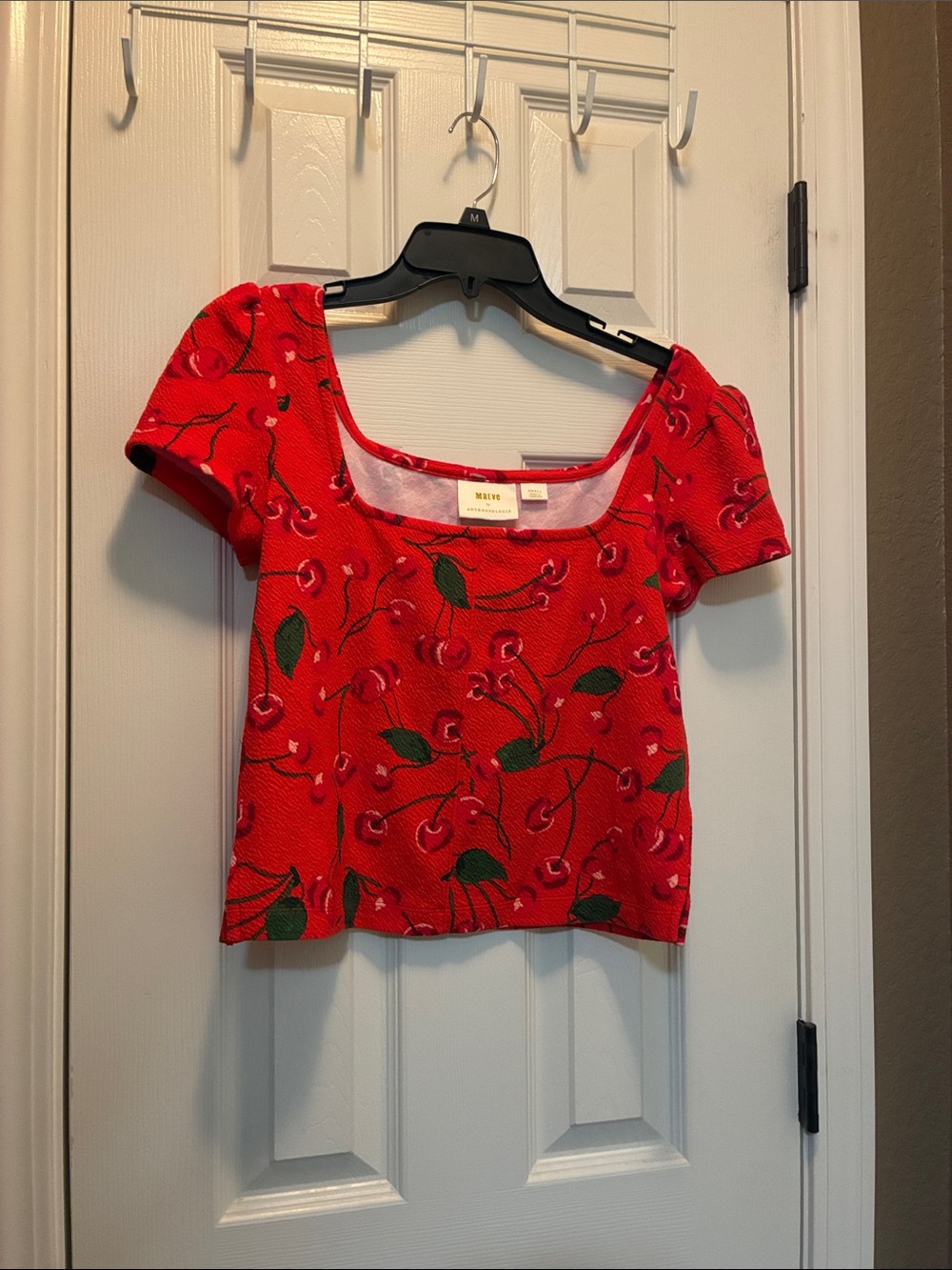 Maeve Red Cherry-Print Scoop Crop Top by Anthropologie